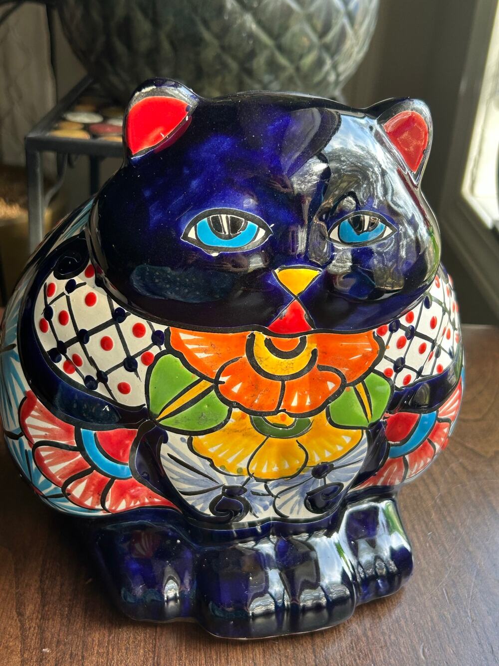 Large Talavera Fat Cat Planter - Mexican Pottery - Handmade Hand Painted